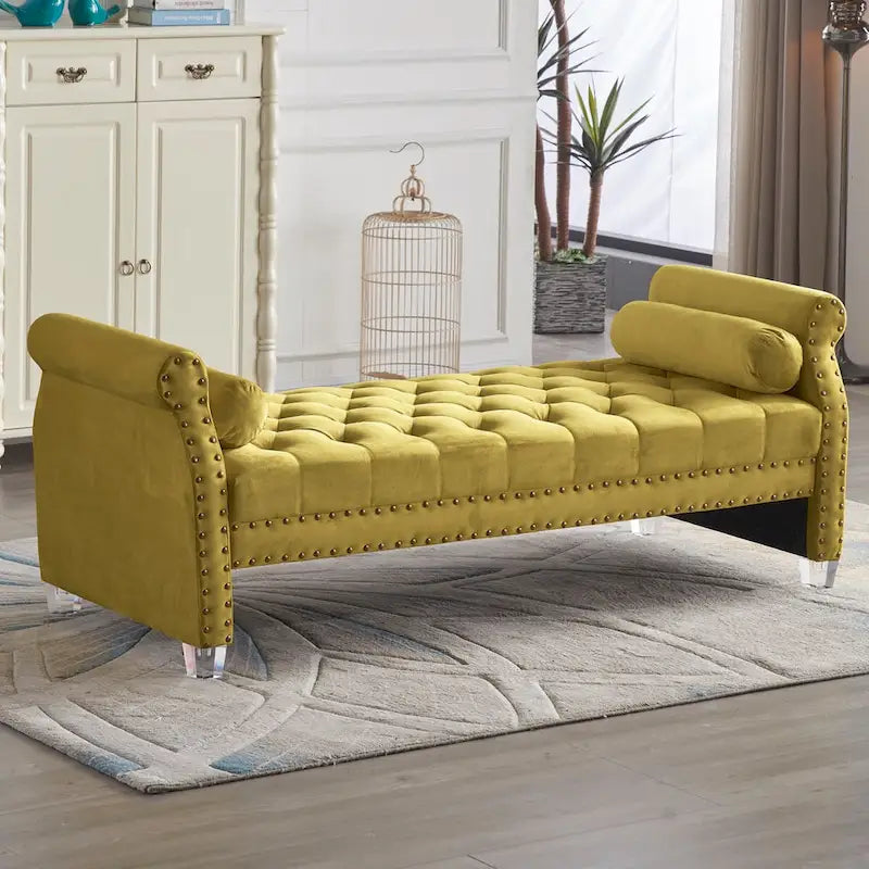 Panca Capitonnè con braccioli arrotolati, rivestimento in velluto blu e gambe in acrilico, 2-3 posti, 180 cm