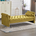 Panca Capitonnè con braccioli arrotolati, rivestimento in velluto blu e gambe in acrilico, 2-3 posti, 180 cm