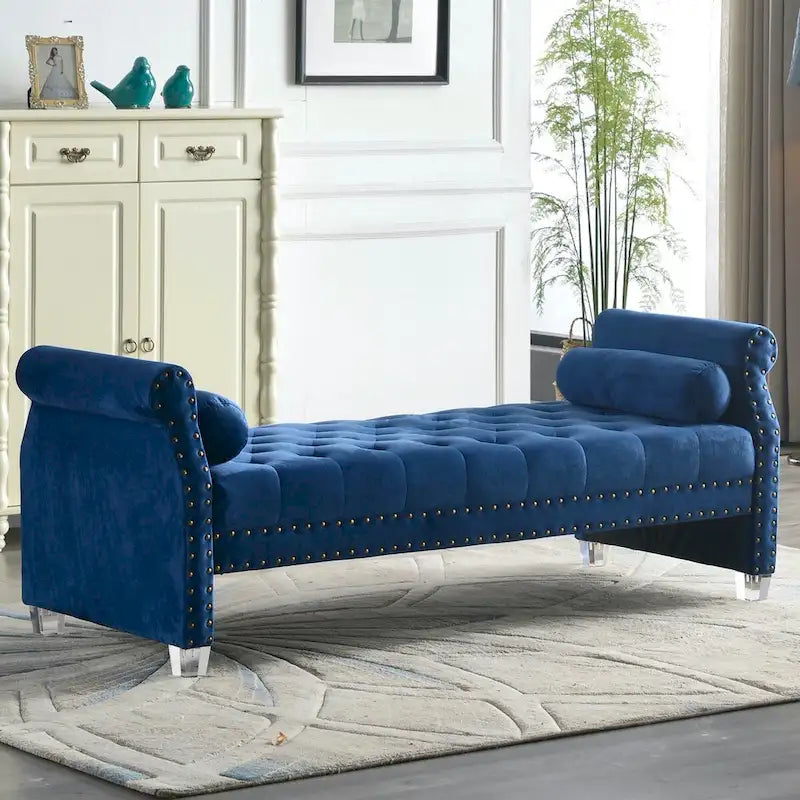 Panca Capitonnè con braccioli arrotolati, rivestimento in velluto blu e gambe in acrilico, 2-3 posti, 180 cm