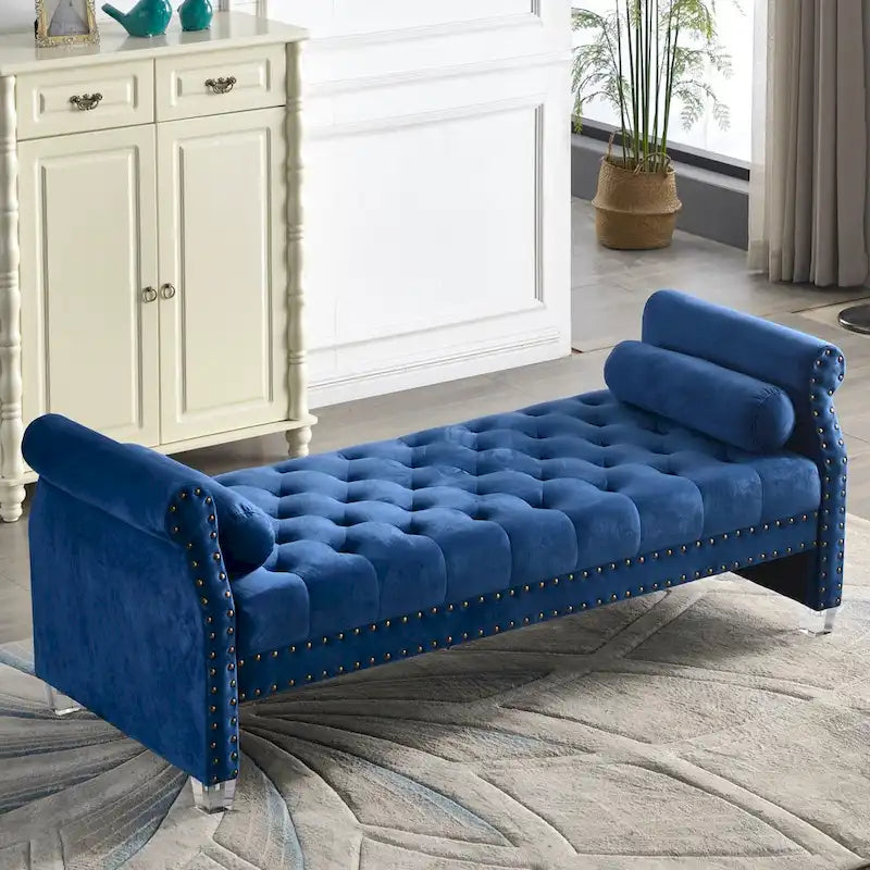 Panca Capitonnè con braccioli arrotolati, rivestimento in velluto blu e gambe in acrilico, 2-3 posti, 180 cm
