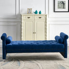 Panca Capitonnè con braccioli arrotolati, rivestimento in velluto blu e gambe in acrilico, 2-3 posti, 180 cm