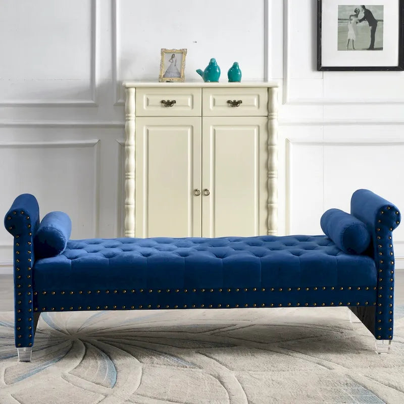 Panca Capitonnè con braccioli arrotolati, rivestimento in velluto blu e gambe in acrilico, 2-3 posti, 180 cm