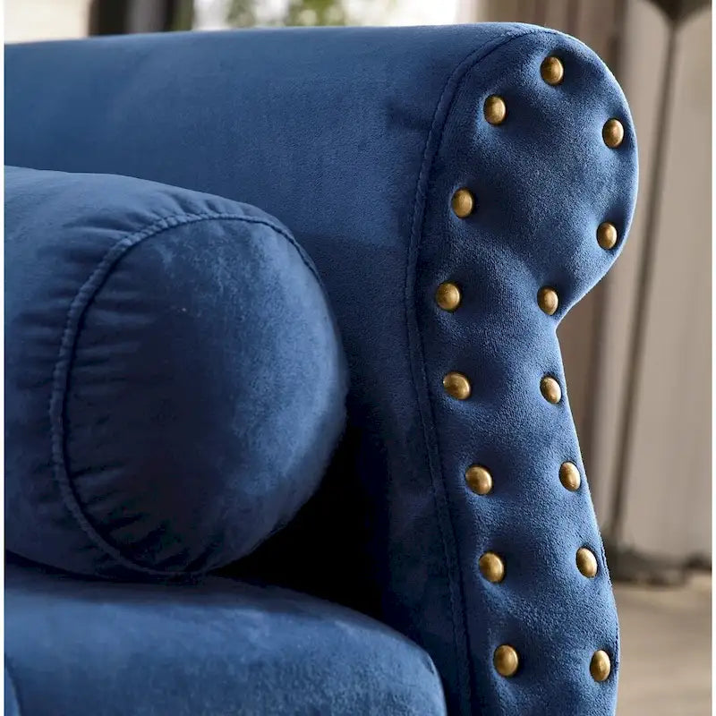 Panca Capitonnè con braccioli arrotolati, rivestimento in velluto blu e gambe in acrilico, 2-3 posti, 180 cm