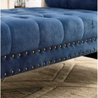 Panca Capitonnè con braccioli arrotolati, rivestimento in velluto blu e gambe in acrilico, 2-3 posti, 180 cm
