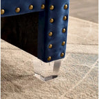 Panca Capitonnè con braccioli arrotolati, rivestimento in velluto blu e gambe in acrilico, 2-3 posti, 180 cm