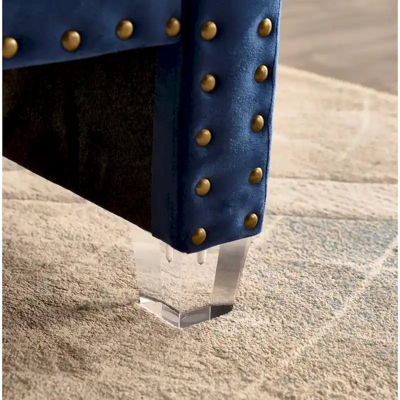 Panca Capitonnè con braccioli arrotolati, rivestimento in velluto blu e gambe in acrilico, 2-3 posti, 180 cm