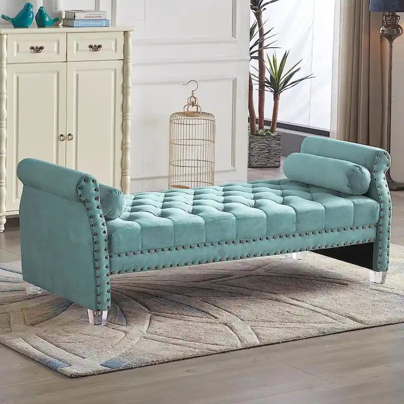 Panca Capitonnè con braccioli arrotolati, rivestimento in velluto blu e gambe in acrilico, 2-3 posti, 180 cm