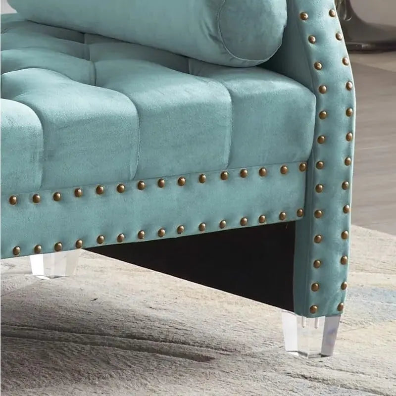 Panca Capitonnè con braccioli arrotolati, rivestimento in velluto blu e gambe in acrilico, 2-3 posti, 180 cm