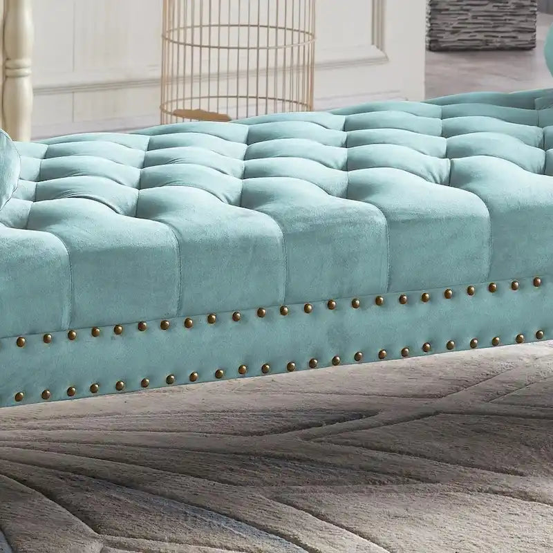 Panca Capitonnè con braccioli arrotolati, rivestimento in velluto blu e gambe in acrilico, 2-3 posti, 180 cm