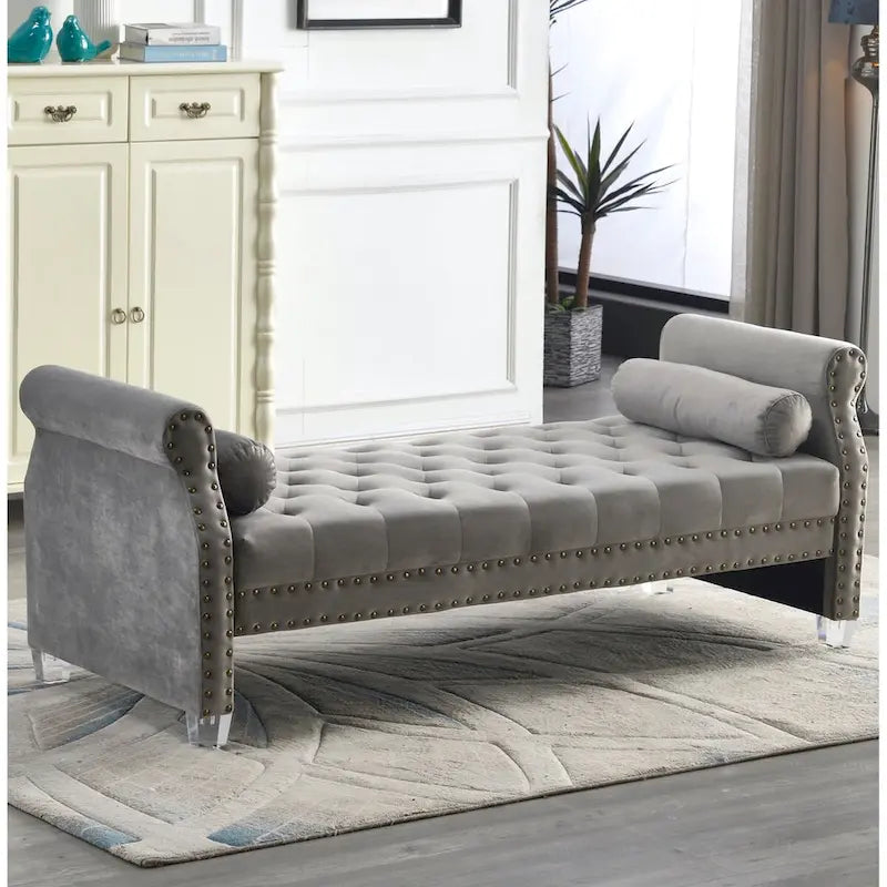 Panca Capitonnè con braccioli arrotolati, rivestimento in velluto blu e gambe in acrilico, 2-3 posti, 180 cm