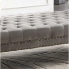 Panca Capitonnè con braccioli arrotolati, rivestimento in velluto blu e gambe in acrilico, 2-3 posti, 180 cm