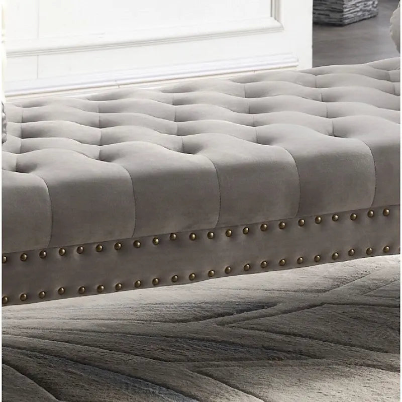 Panca Capitonnè con braccioli arrotolati, rivestimento in velluto blu e gambe in acrilico, 2-3 posti, 180 cm