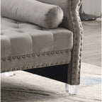 Panca Capitonnè con braccioli arrotolati, rivestimento in velluto blu e gambe in acrilico, 2-3 posti, 180 cm