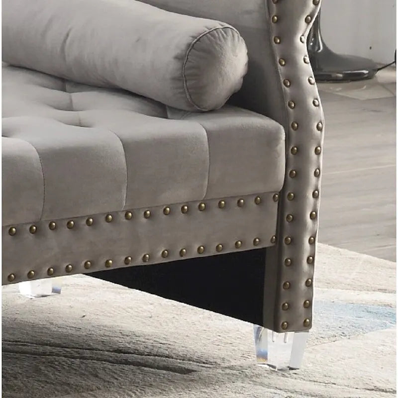 Panca Capitonnè con braccioli arrotolati, rivestimento in velluto blu e gambe in acrilico, 2-3 posti, 180 cm