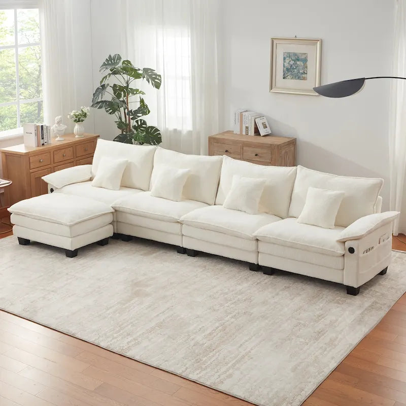 Divano sezionale modulare a L blu/bianco/grigio/nero/crema/verde, trasformabile in letto, a 5 posti