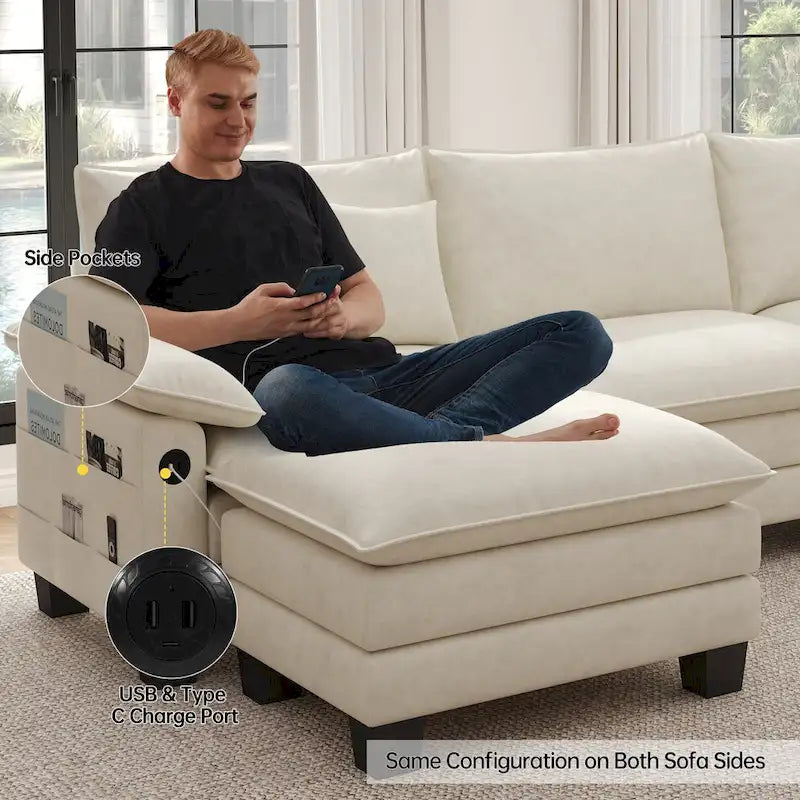 Divano sezionale modulare a L blu/bianco/grigio/nero/crema/verde, trasformabile in letto, a 5 posti