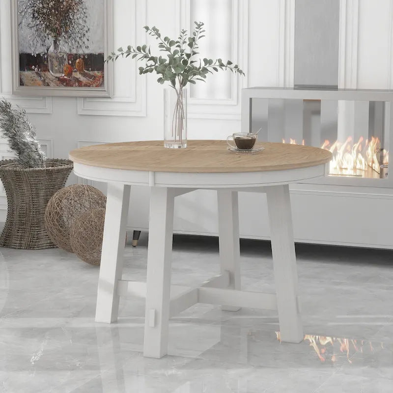 Lavaggio Legno Naturale / Rovere+Bianco Antico / Espresso | Tavolo da Pranzo Rotondo Allungabile, 4–6 Posti