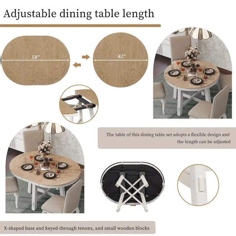 Lavaggio Legno Naturale / Rovere+Bianco Antico / Espresso | Tavolo da Pranzo Rotondo Allungabile, 4–6 Posti