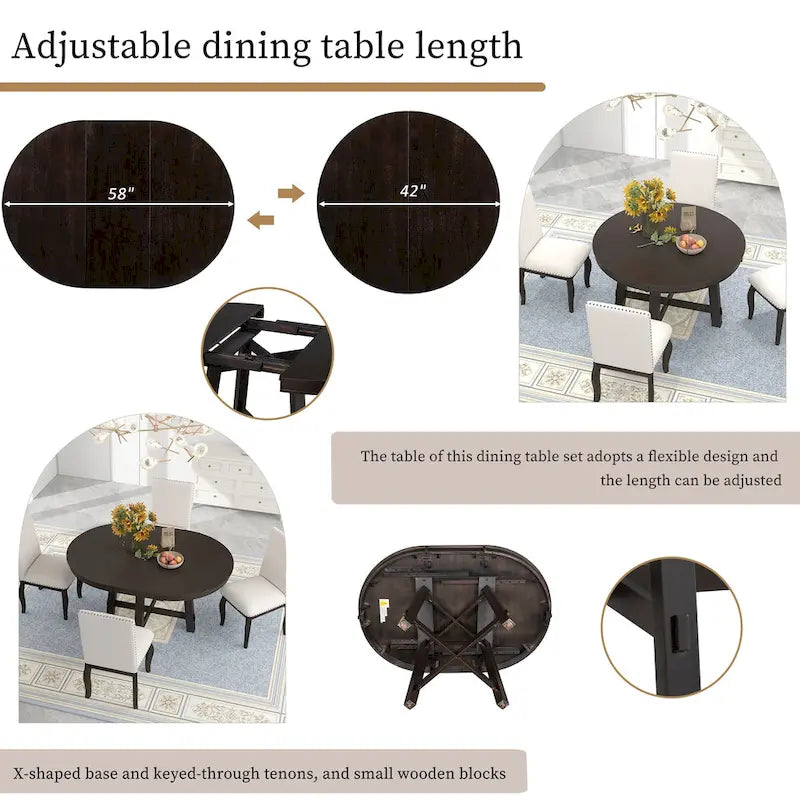 Lavaggio Legno Naturale / Rovere+Bianco Antico / Espresso | Tavolo da Pranzo Rotondo Allungabile, 4–6 Posti