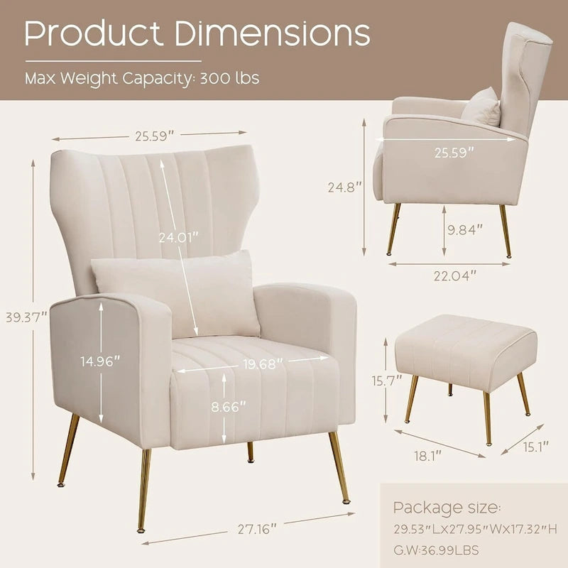 HOMYKA Poltrona accent imbottita in velluto con schienale a orecchioni e cuscini