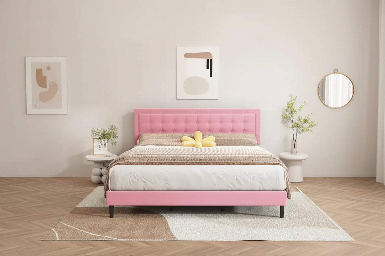 Giroletto imbottito in velluto nero / beige / bianco / rosa con testiera capitonné – Twin / Full / Queen / King