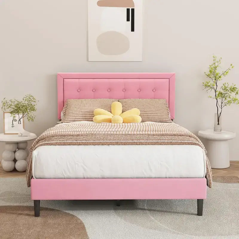 Giroletto imbottito in velluto nero / beige / bianco / rosa con testiera capitonné – Twin / Full / Queen / King