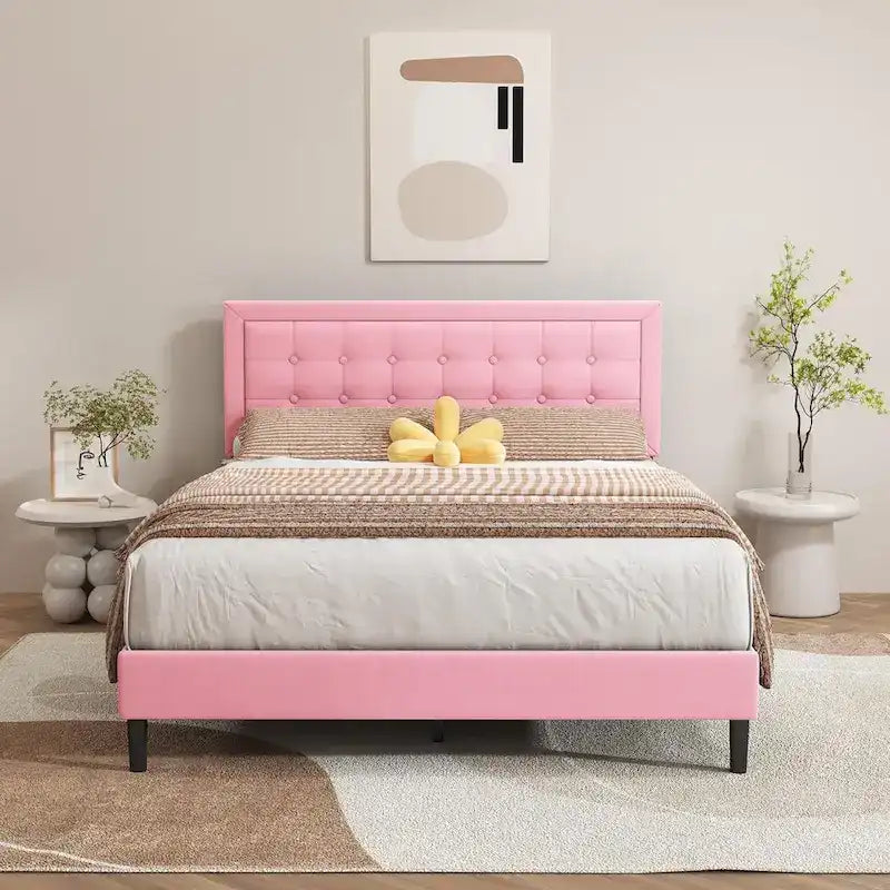 Giroletto imbottito in velluto nero / beige / bianco / rosa con testiera capitonné – Twin / Full / Queen / King